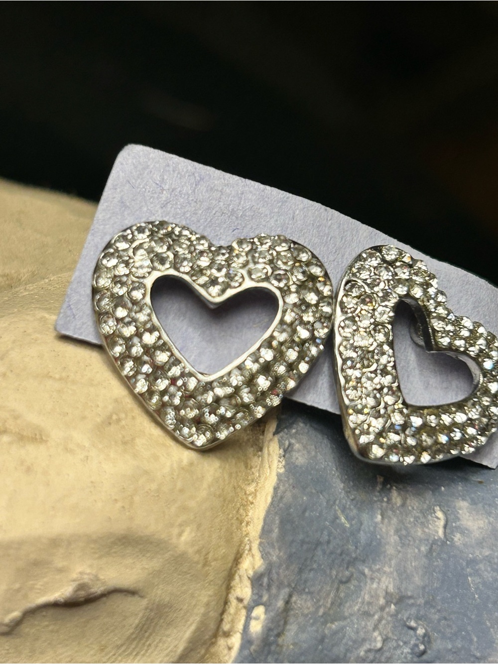 Rhinestone Heart Stud Earrings - Silver Tone pierced jewelry